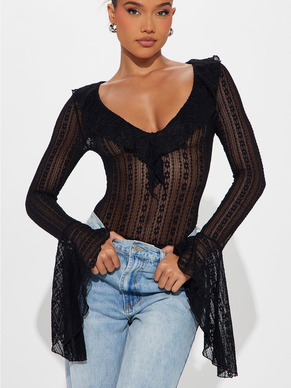 NWT BLACK RUFFLE LACE LONG DRAMATIC SLEEVE BODYSUIT